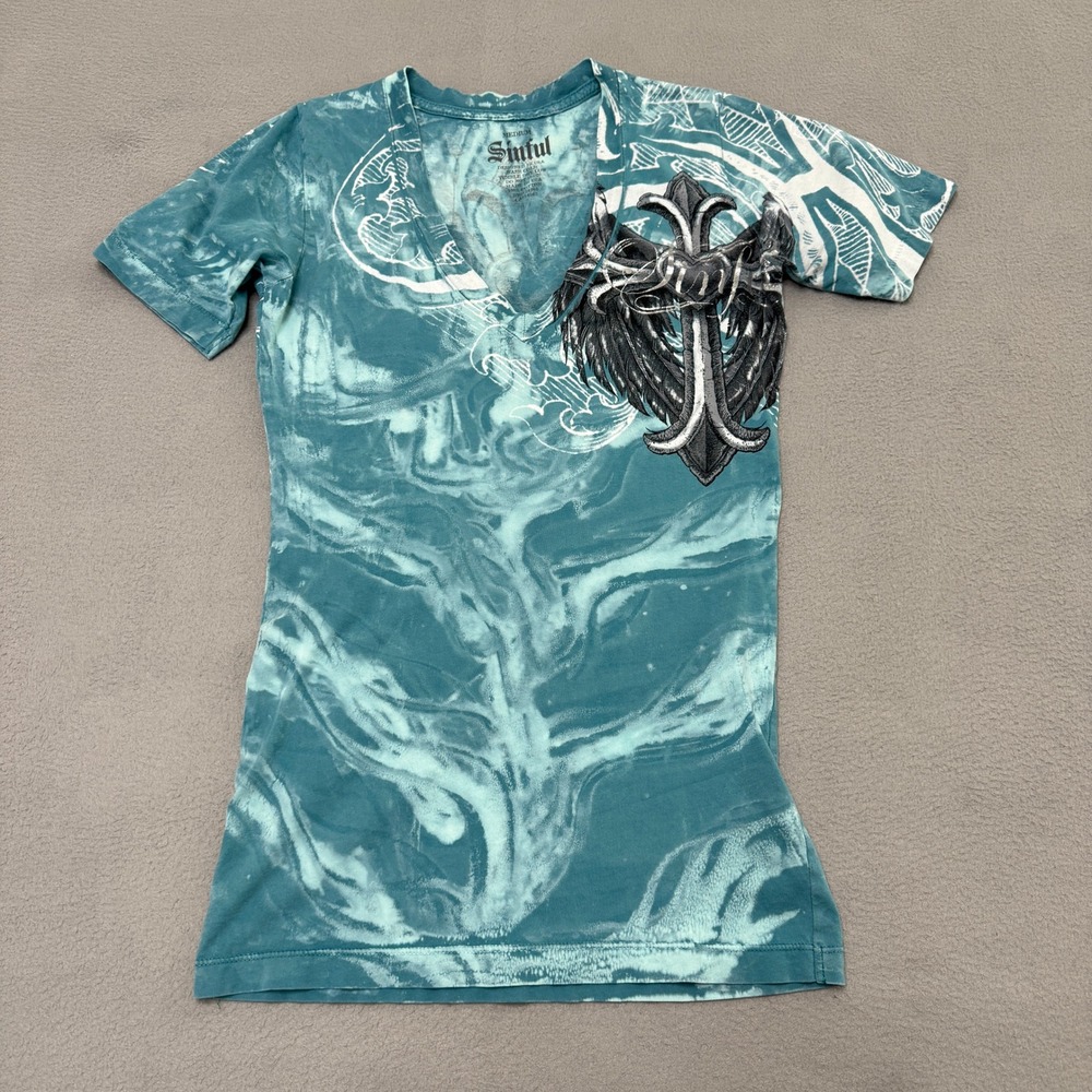 Sinful Top Women M Teal Cross Wings Y2K Tattoo Biker Goth Moto Grunge
